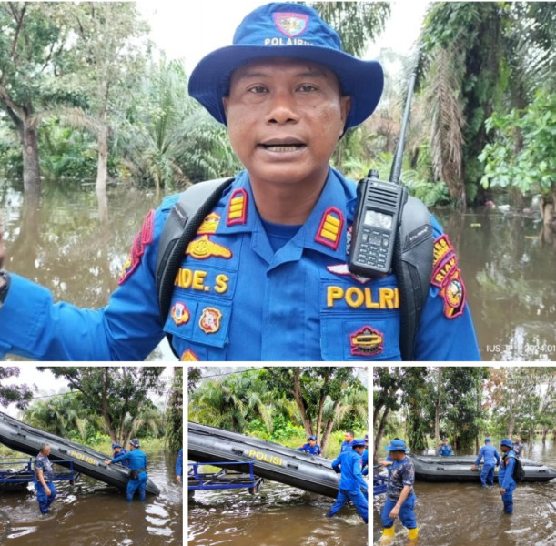 Sat Polairud Polres Pelalawan Memantau Situasi dan Memberikan Bantuan Kepada Masyarakat Yang Terdampak Banjir